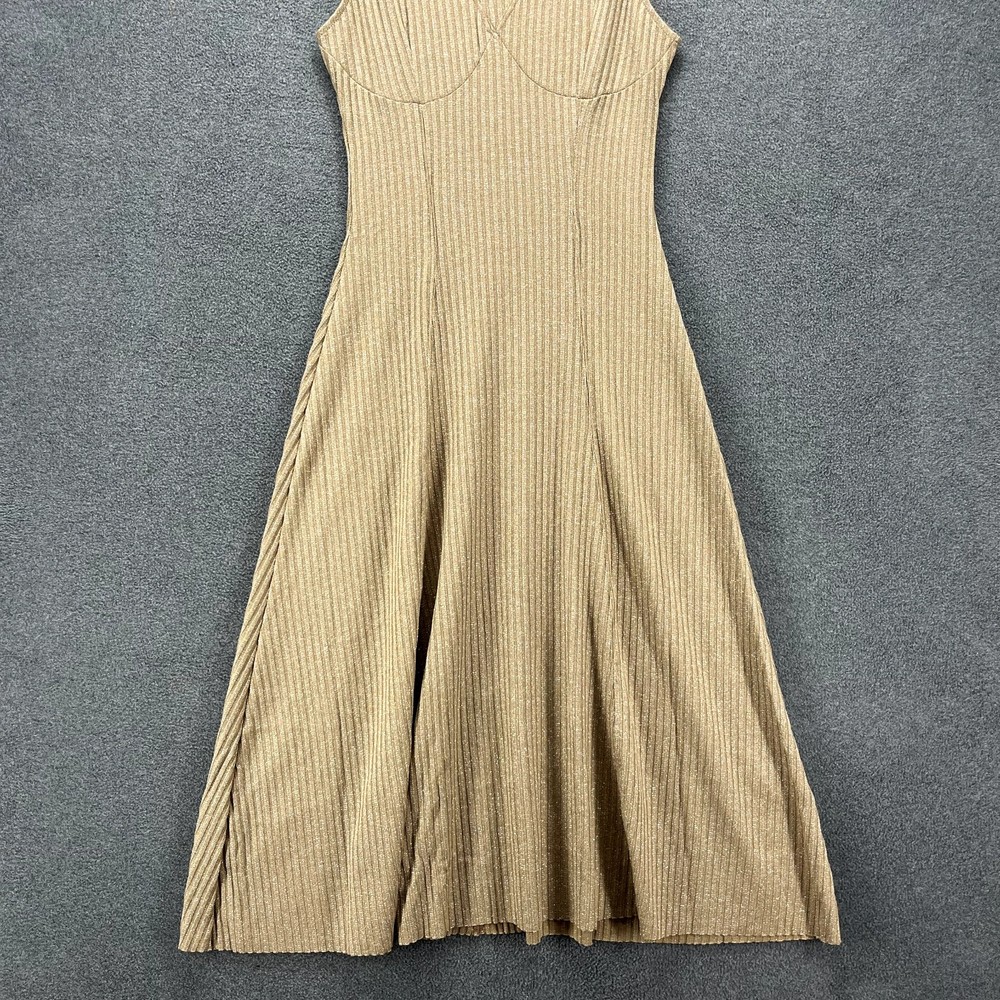 Zara Ribbed Dress womens Size L Tan Sleeveless Stretch metallic thread Halter - Picture 3 of 16